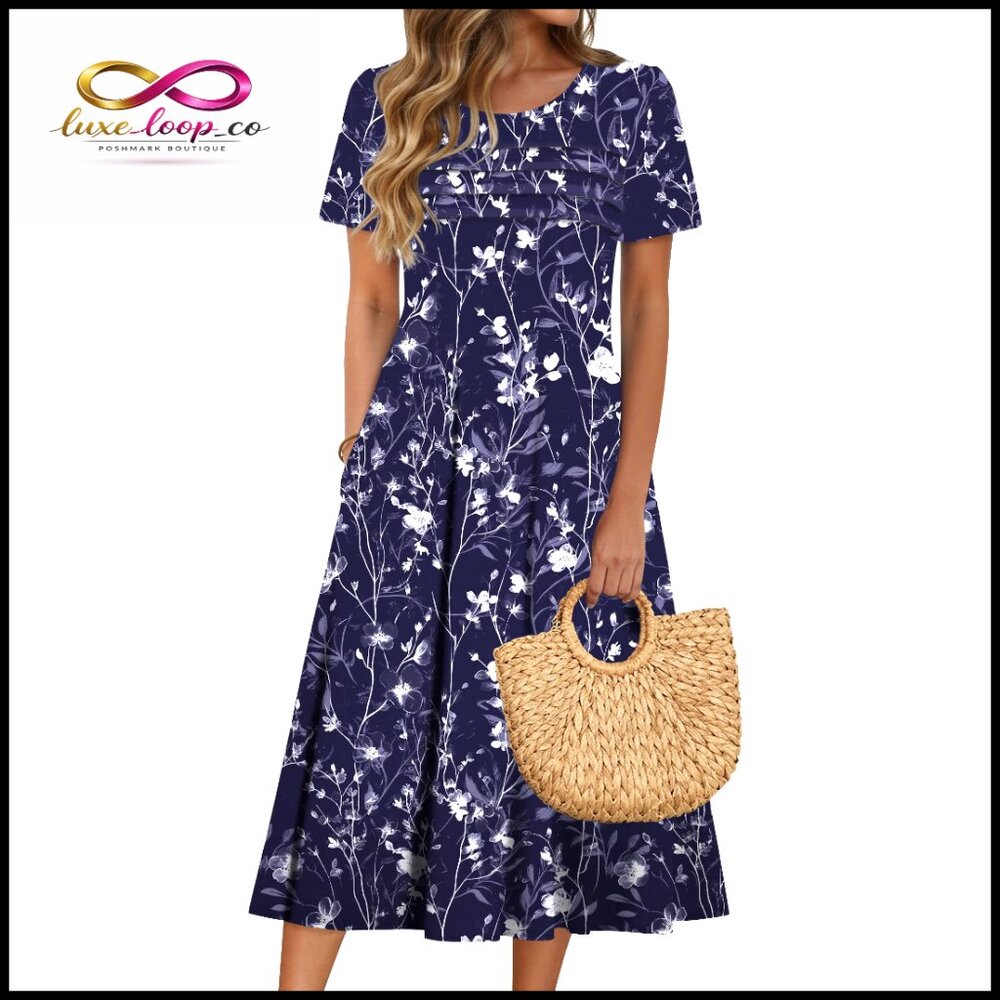 Loose Fit Floral Maxi Dress With Pockets, Short Sleeve, Summer Casual